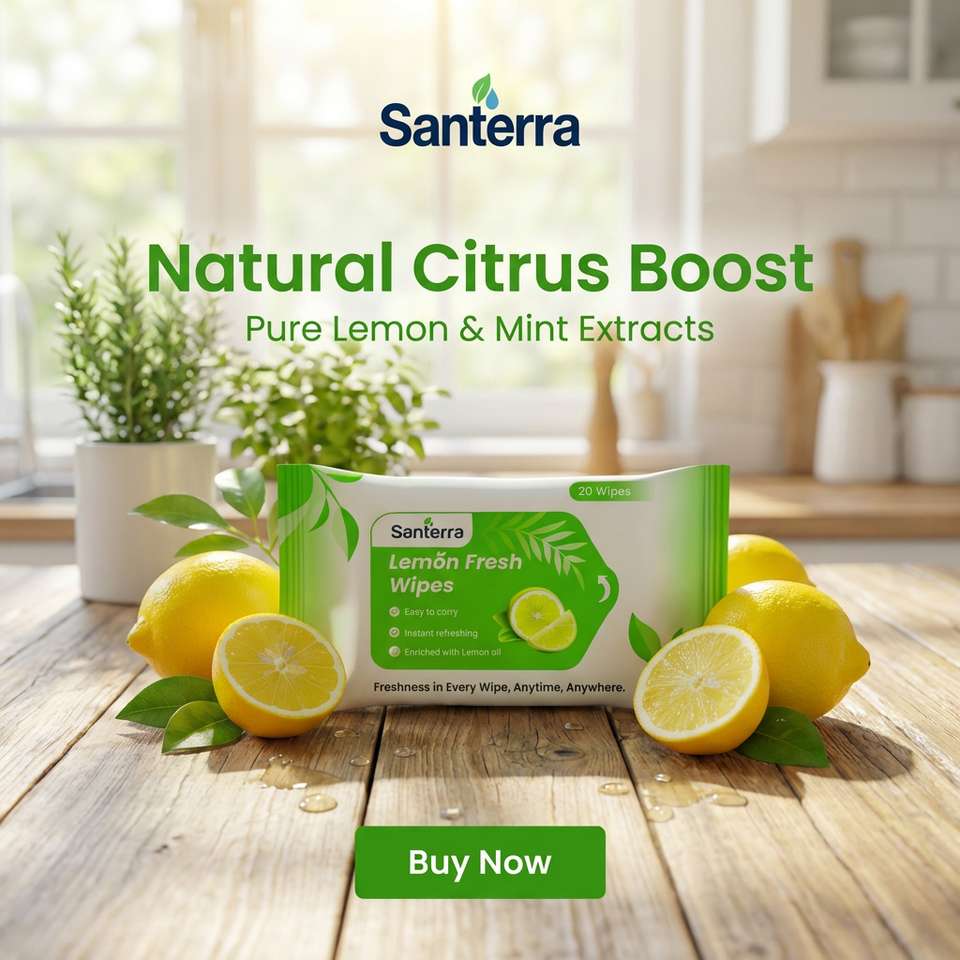 Lamon Typeface Santerra Refreshing Face Wipes with Lemon & Mint Skin Cleaning Wet ...