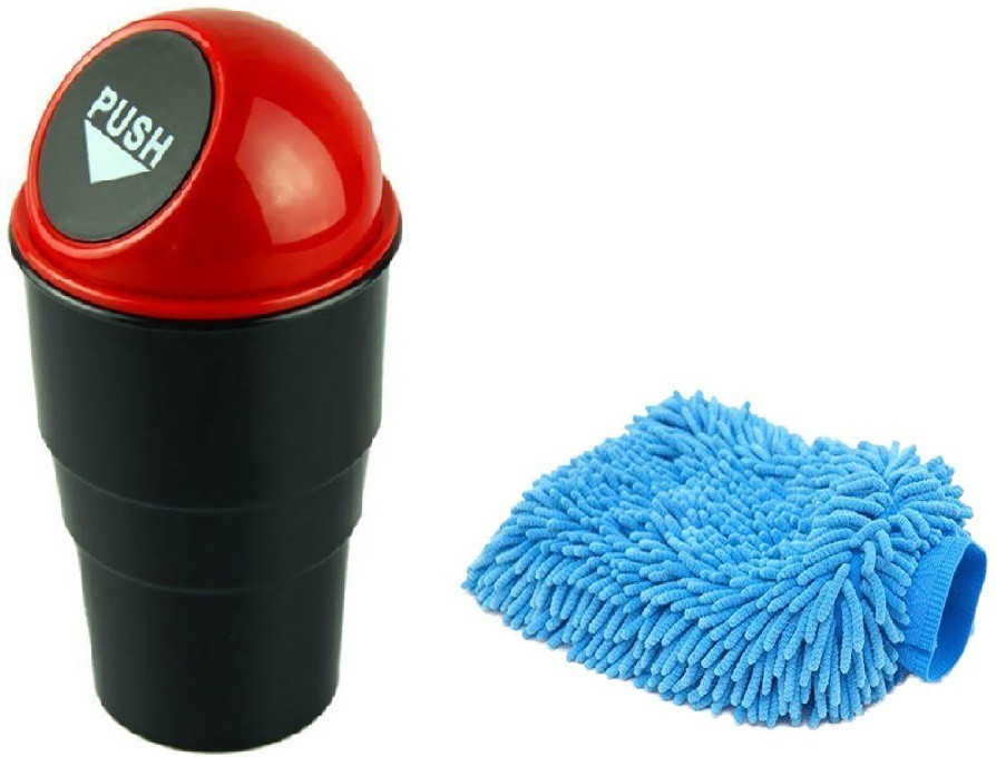 de autocare Combo OF Micro Fiber Cleaning Gloves With Car Mini Garbage Can Trash Dust Bin Combo image 1
