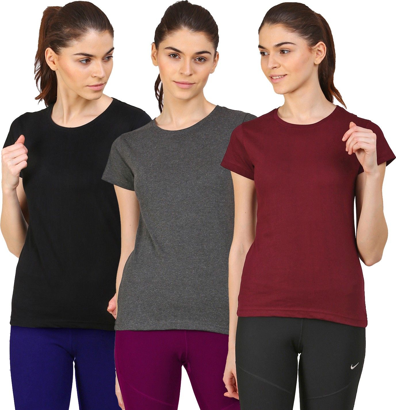 ap'pulse Pack of 3 Women Solid Round Neck Cotton Blend Maroon, Black, Grey T-Shirt-picture-28