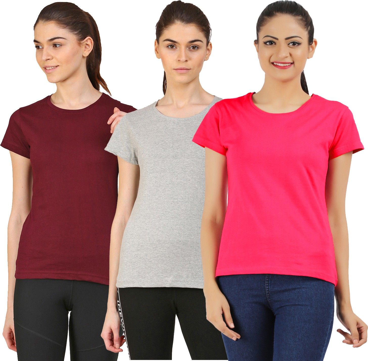 ap'pulse Pack of 3 Women Solid Round Neck Cotton Blend Maroon, Pink, Grey T-Shirt-picture-29