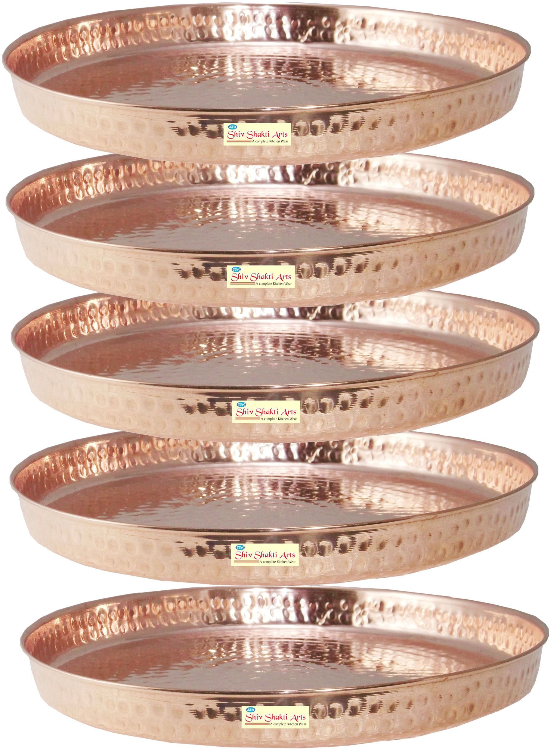 shivshakti arts Set Of 5 Handmade Pure Hammered Design Copper Thali/Plate Dinnerware Kitchenware Hotelware Dinner Plate-picture-28
