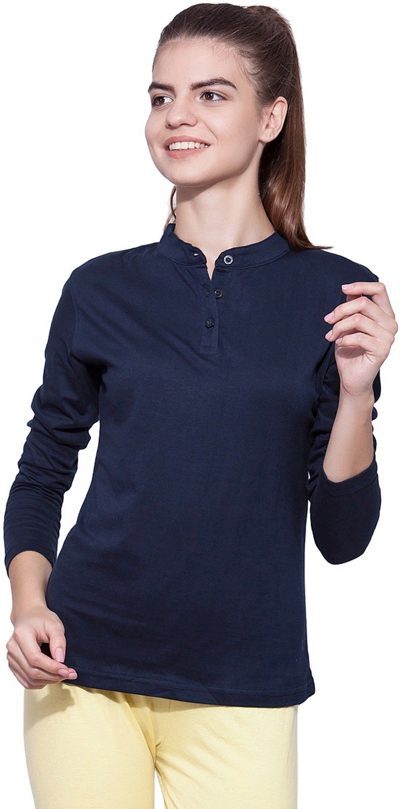 Women Solid Mandarin Collar Pure Cotton Dark Blue T-Shirt-image-32