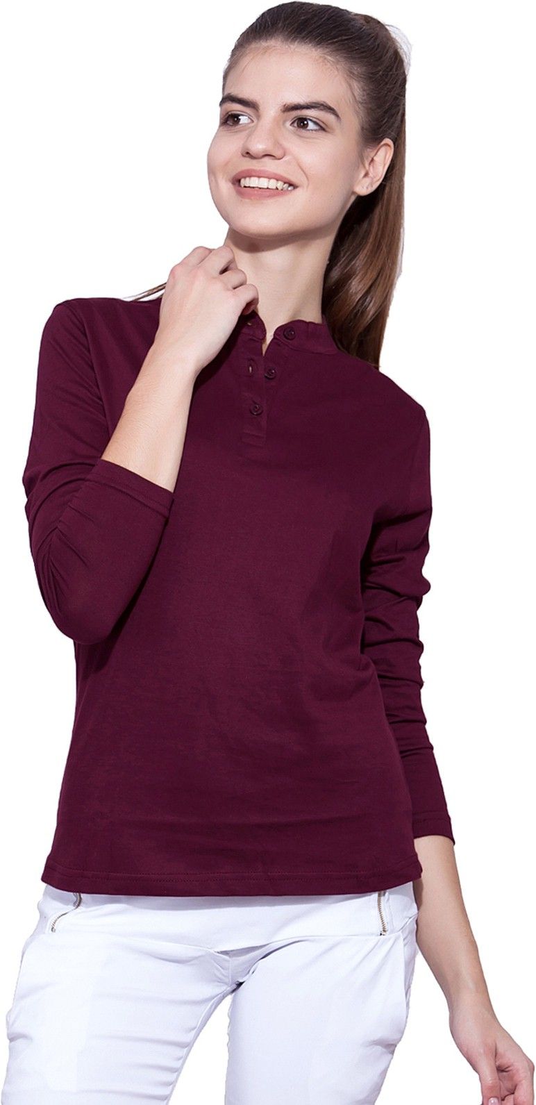 Women Solid Mandarin Collar Pure Cotton Maroon T-Shirt-image-31