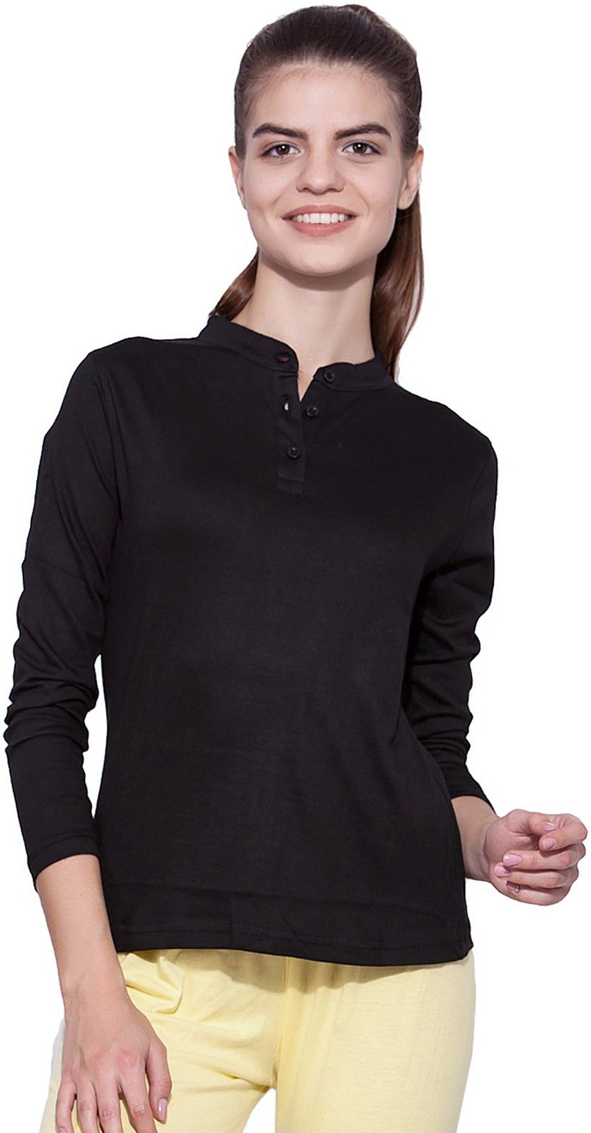 ap'pulse Women Solid Mandarin Collar Pure Cotton Black T-Shirt-picture-44