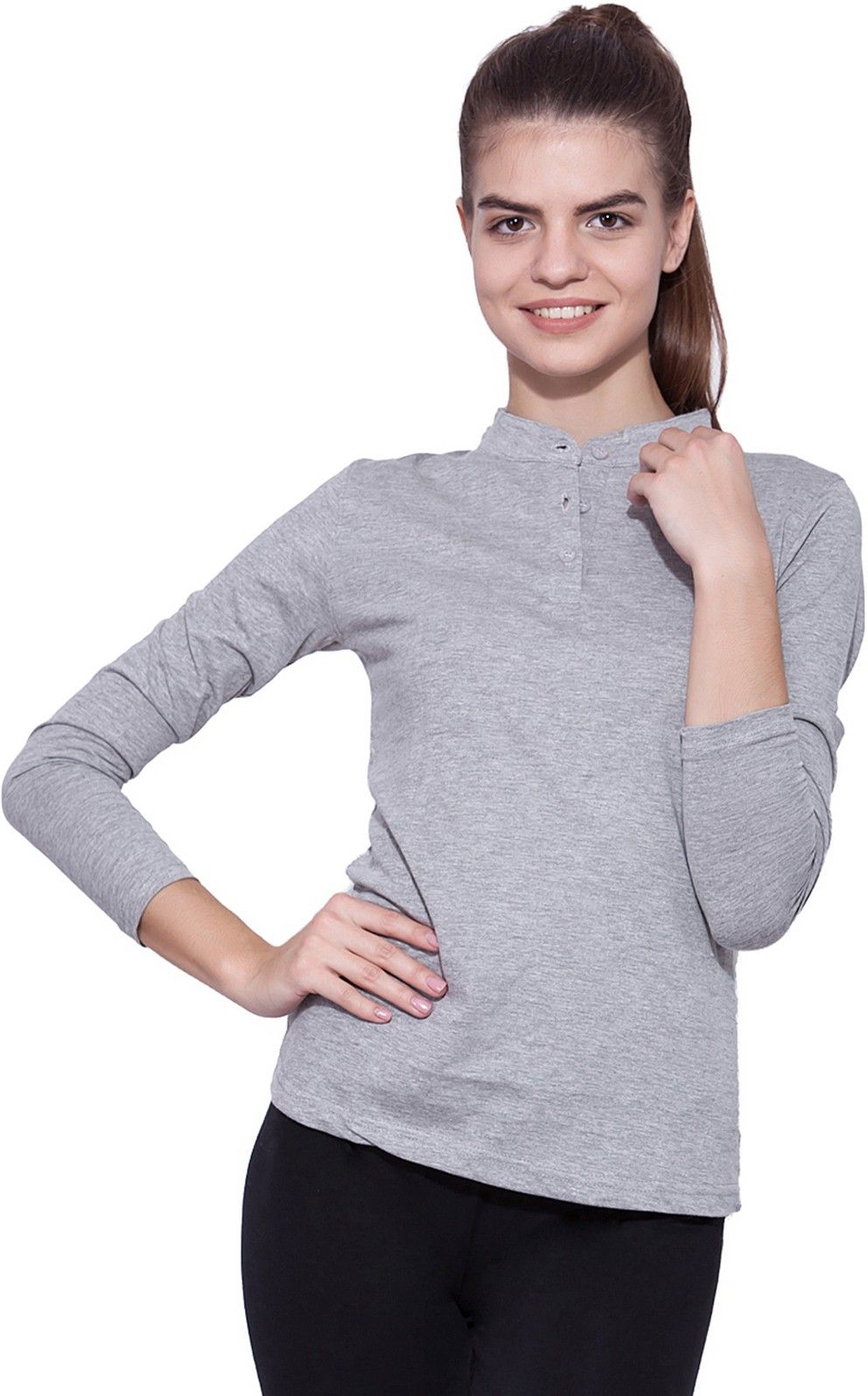 Women Solid Mandarin Collar Pure Cotton Grey T-Shirt-image-25