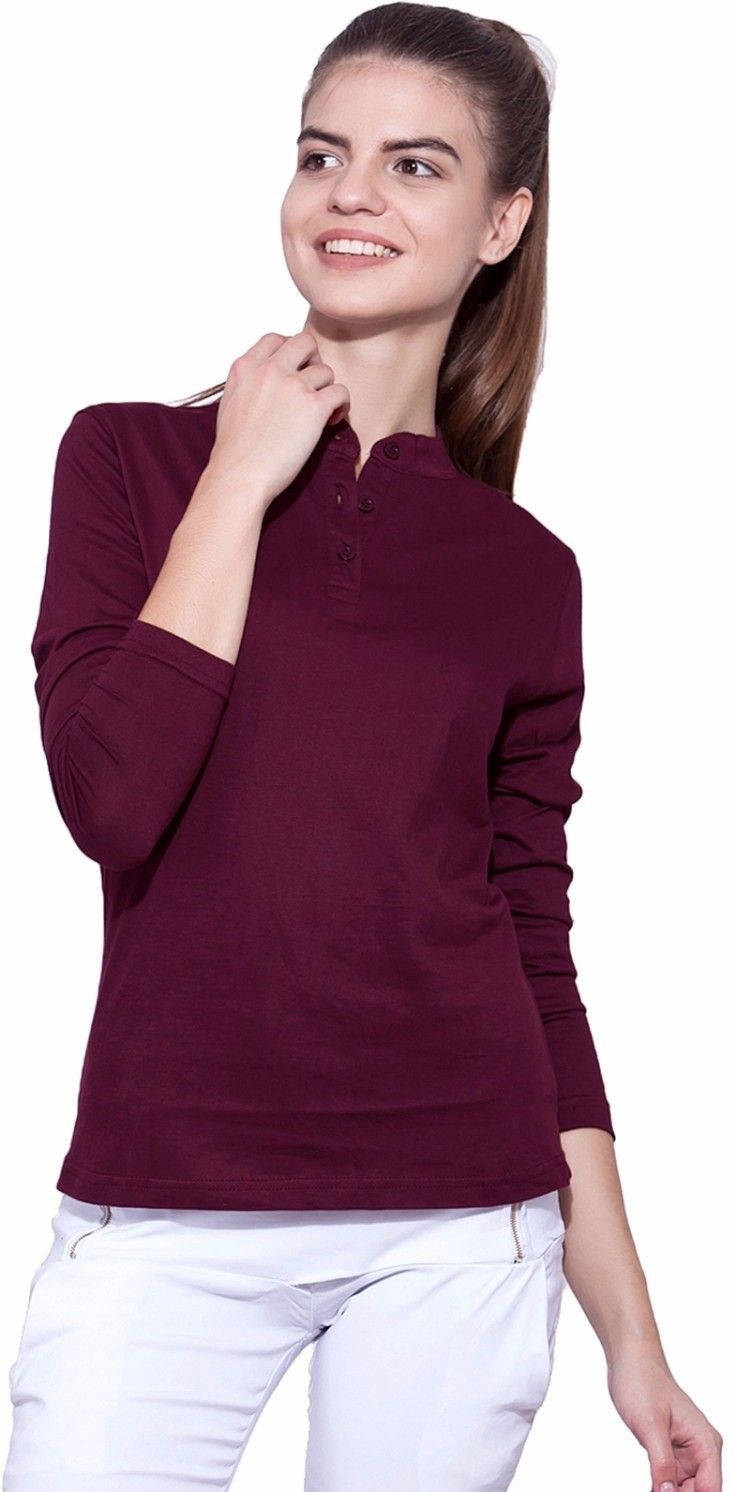 Women Solid Polo Neck Pure Cotton Maroon T-Shirt-image-30