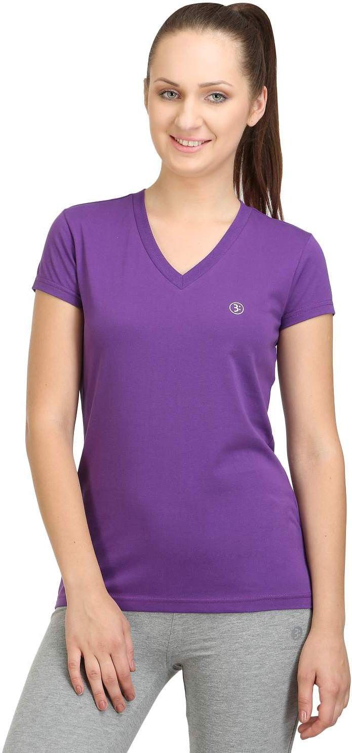 Women Solid V Neck Cotton Blend Purple T-Shirt-image-26