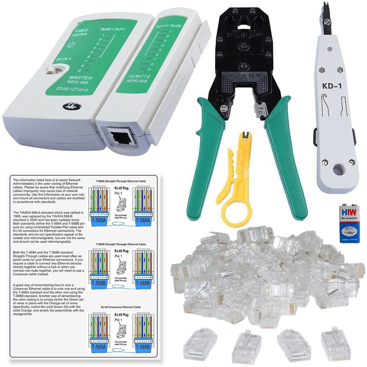 Inditrust Rj45 Crimping Tool, 9W battery, KD-1 Punch Down Tool, Lan Cable Tester, Ethernet Color Coding & 50 Pcs RJ45 Connectors Combo Set image 1