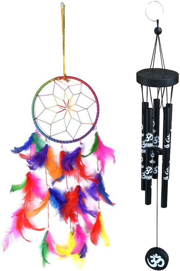 Combo Of Multi Color 6 Inches Dream Catcher And Feng Shui 5 Pipe Om Printed Black Brass Windchime-image-3