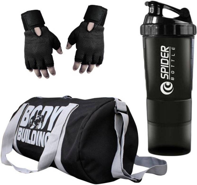 Combo of Bodybuilding Bag Black,Gloves Black and Spider shaker Black Fitness Accessory Kit Kit