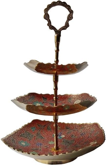 mozo hub Brass 3 Tier Red Color Fancy Fruit Stand/Cake Stand Brass Cake Server-picture-20