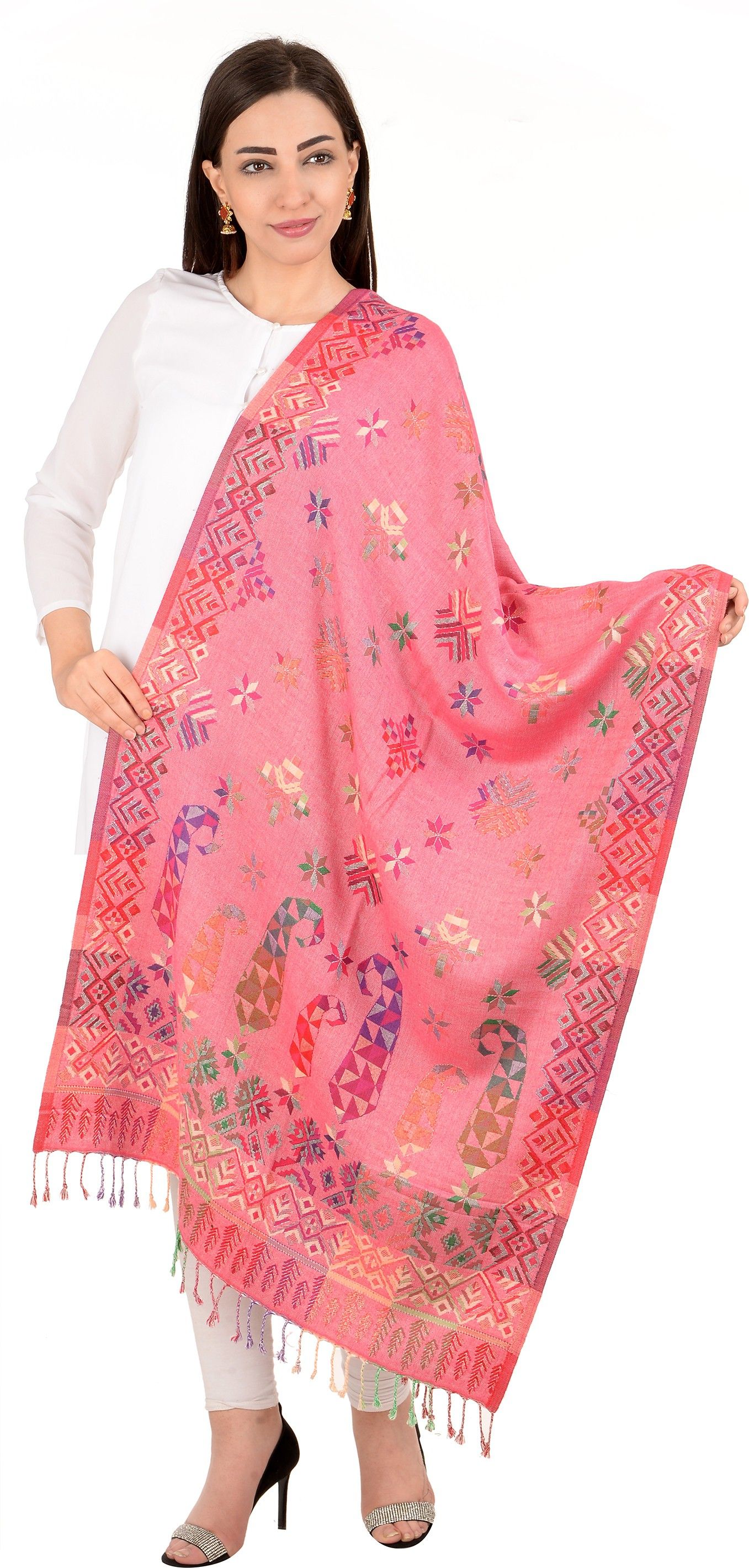Printed, Graphic Print Pure Wool Women Pink Stole-image-7