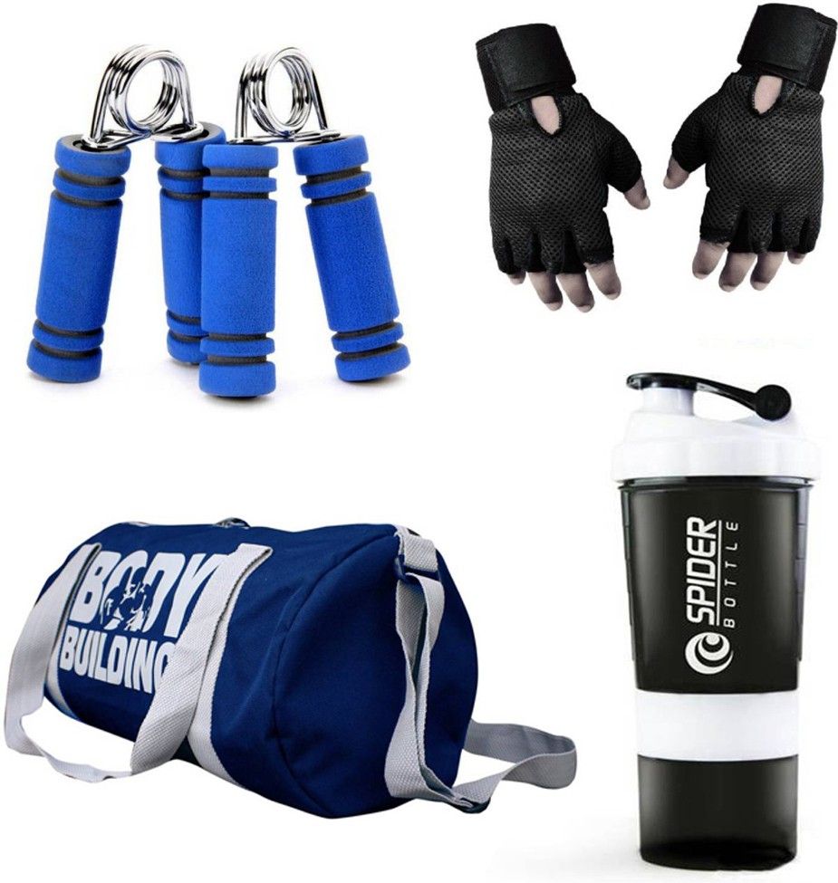 Combo Of BodyBuilding (Blue) Gym Bag, Gloves (Black), Spider Shaker (White) And Hand Gripper (Blue) Fitness Accessory Kit Kit-image-24