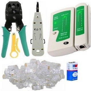 Inditrust Crimping Tool combo with Network LAN Cable Tester 60 RJ45 Connectors Cable tester Krone tool and Battery Combo Set image 1