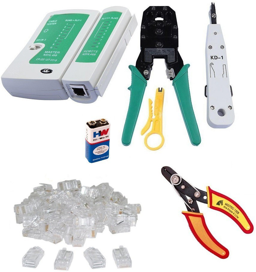 Inditrust Rj45 Rj11 Crimping, Multitec cutter, KD-1 Professional Punch Down Tool, Network Lan Cable Tester, 9V battery and 50 Pcs Connectors Combo Set image 1