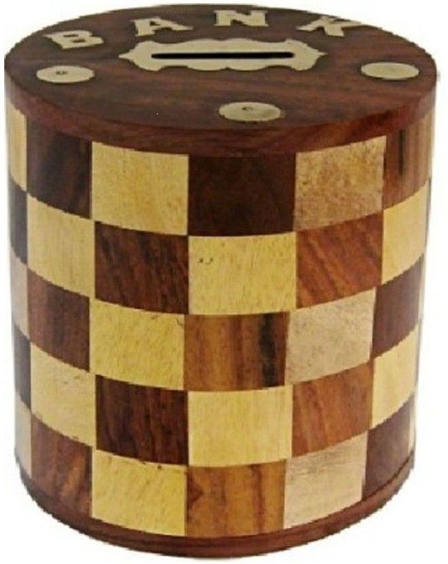 Handcrafted Antique Chess Pattern Embosed Cylendrical Shaped Wooden Money Bank - Gifts for Kids, Girls, Boys & Adults, 5 Inches Coin Bank-image-18