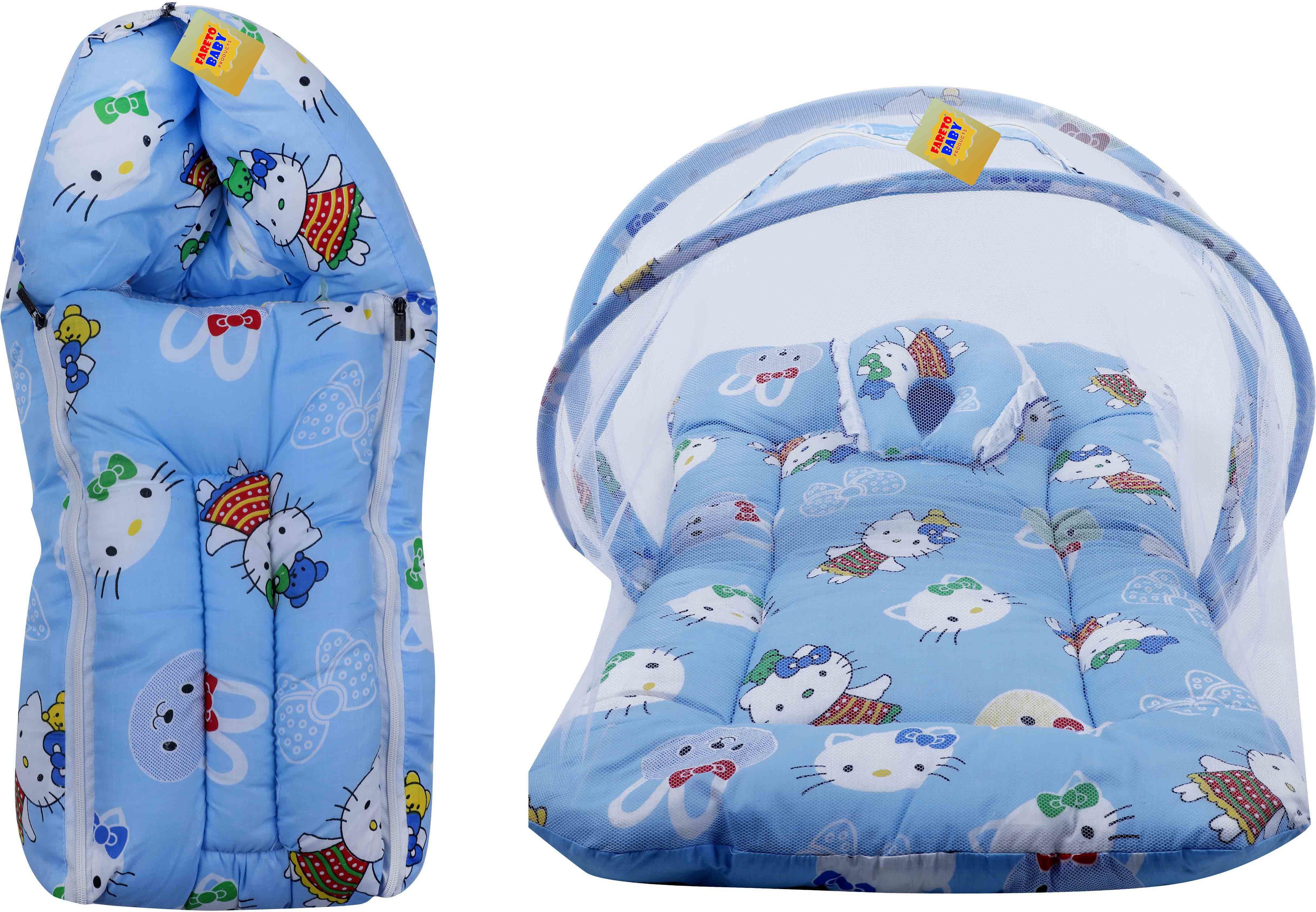 New Born Baby Cat Print Mattress with Mosquito Net & Sleeping Bag Combo (0-6 Months) Baby Bed Printed Blue-image-43