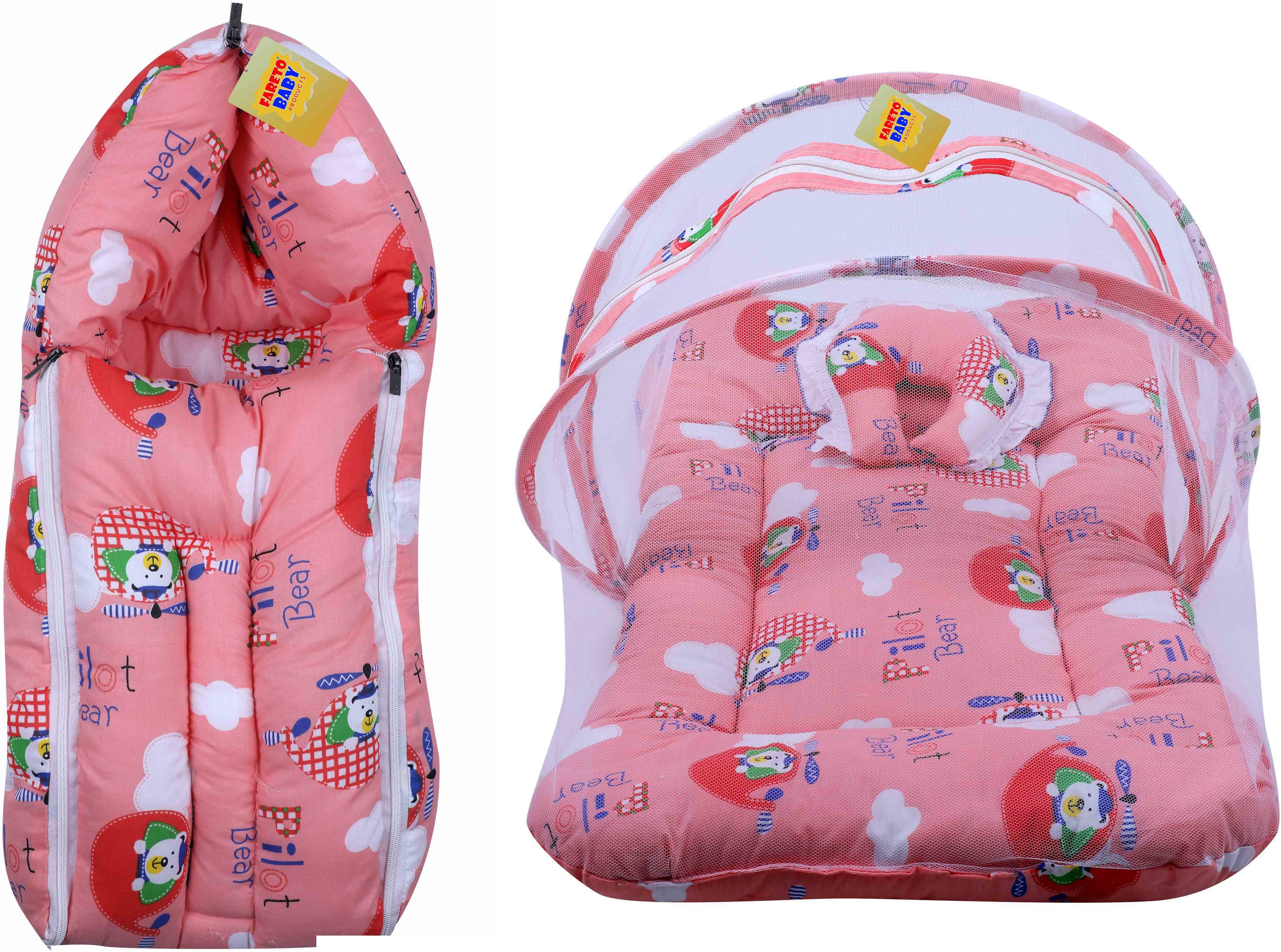 New Born Baby Cat Print Mattress with Mosquito Net & Sleeping Bag Combo (0-6 Months) Baby Bed Printed Peach-image-41