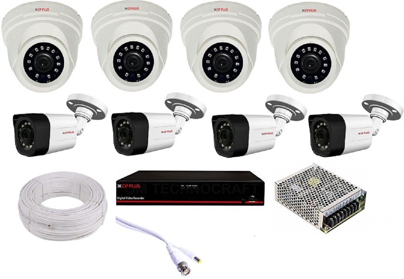 CP PLUS 4 dome 4 bullet (2.4mp), 8 channel dvr, 8 channel power supply, 90m wire bundle, bnc dc connectors without hard disk Security Camera-picture-25