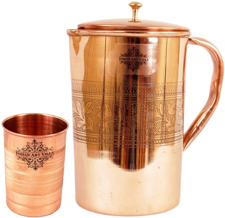 indianartvilla Copper Set of 1 Embossed Designer Jug Pitcher 1750 ML with 1 Glass 300 ML - Storage Drinking Water Serveware Tableware Jug Glass Set-picture-42