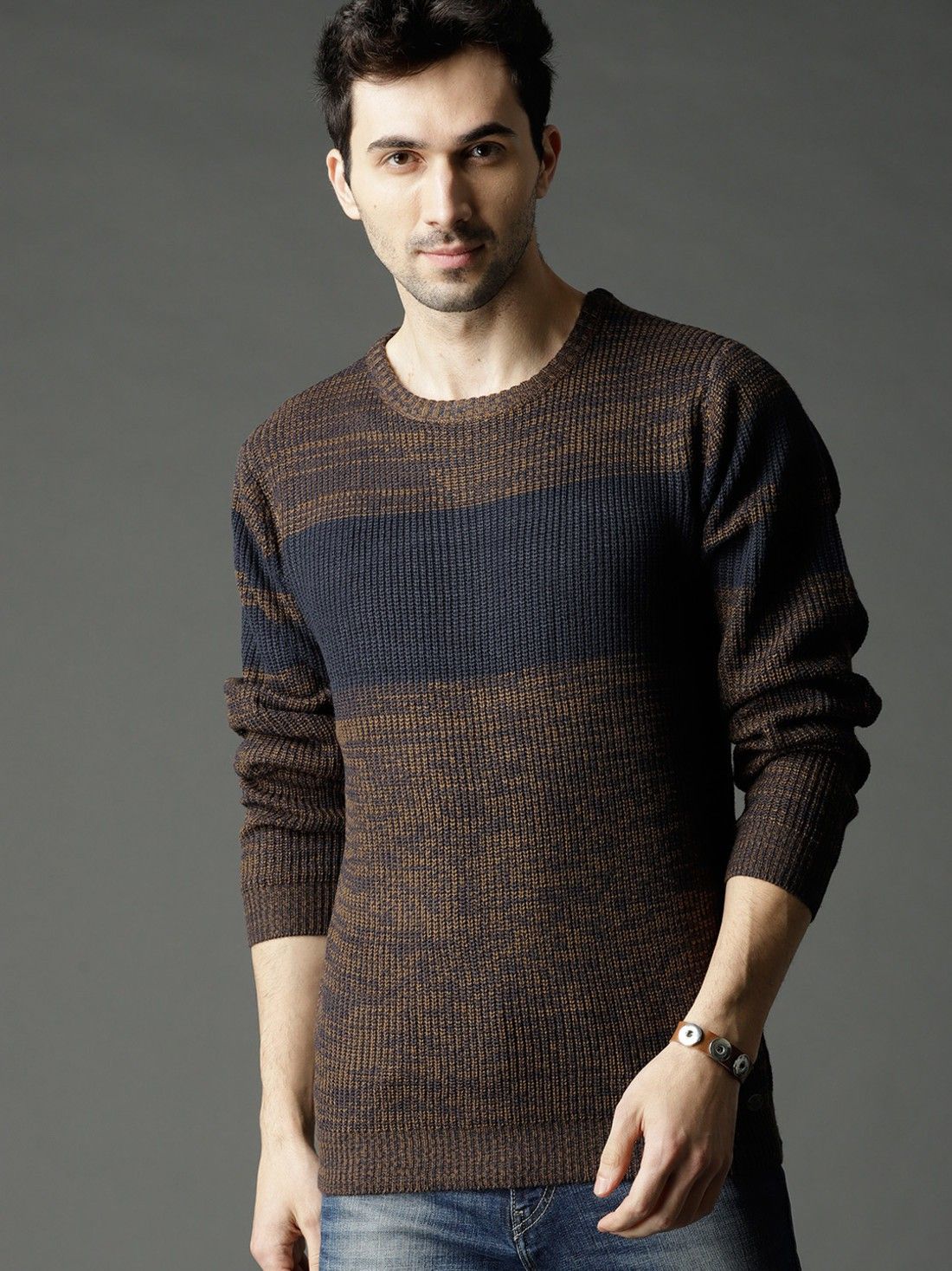roadster Men Self Design Round Neck Blue, Brown Sweater-picture-14