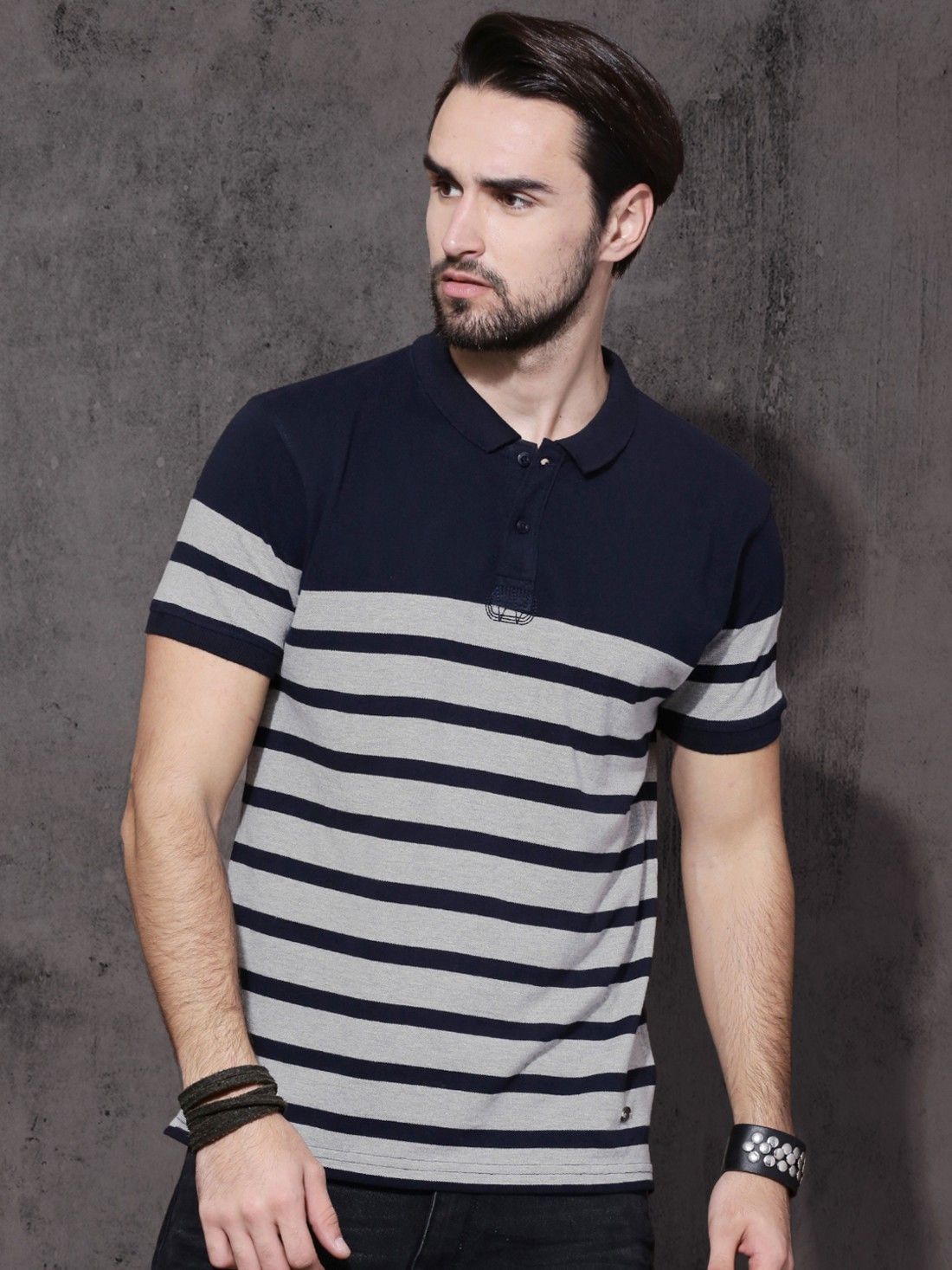 Men Striped Polo Neck Pure Cotton Grey T-Shirt-image-17