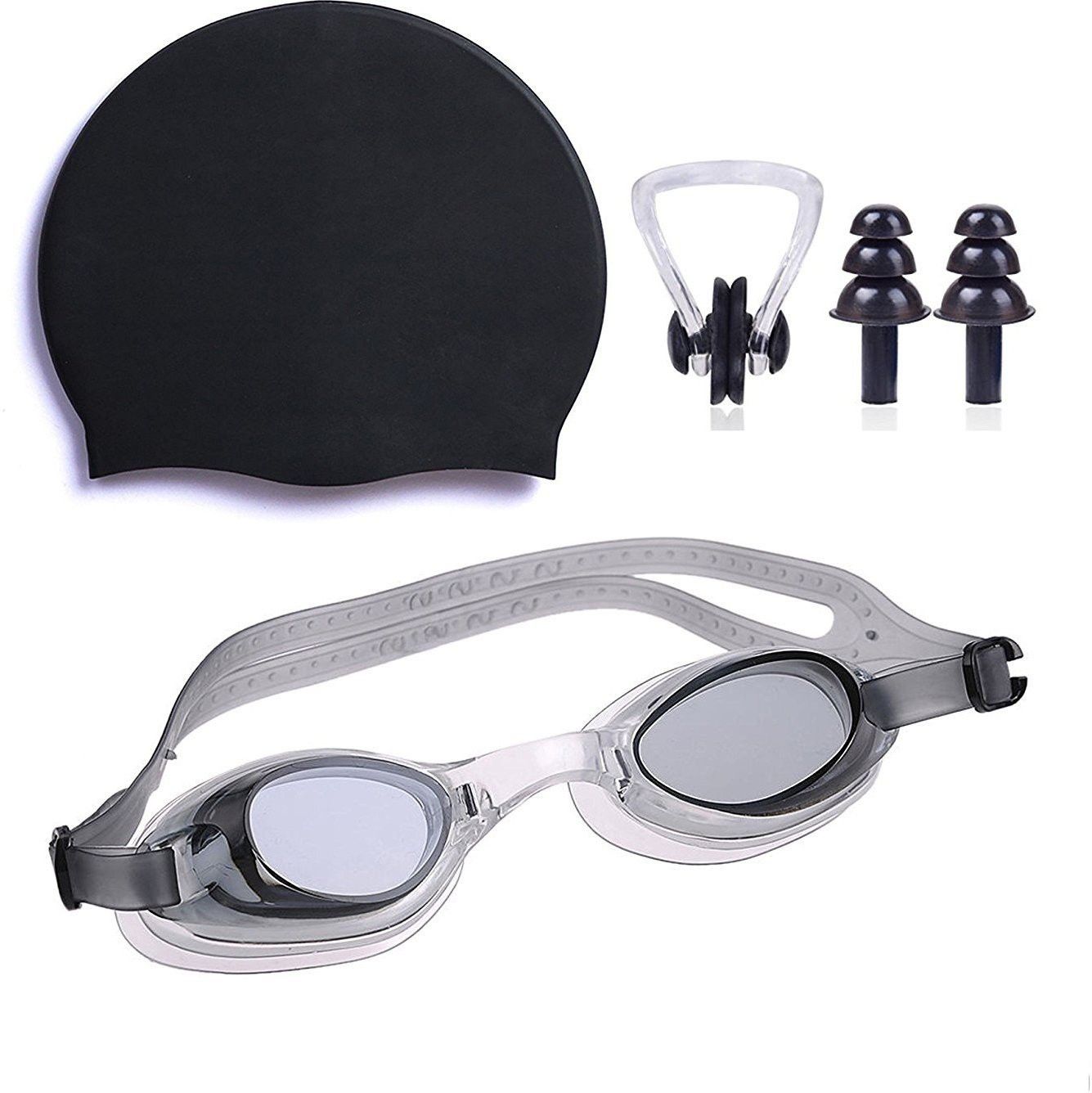 (silicone cap/Goggle/Earplugs/Noseplug) Black Swimming Kit