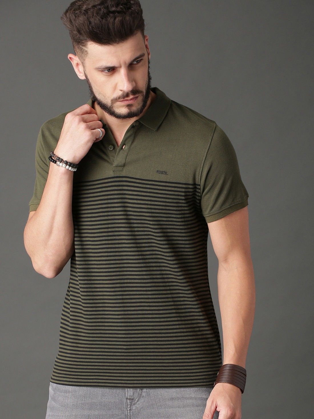 Men Striped Polo Neck Cotton Blend Green T-Shirt-image-10