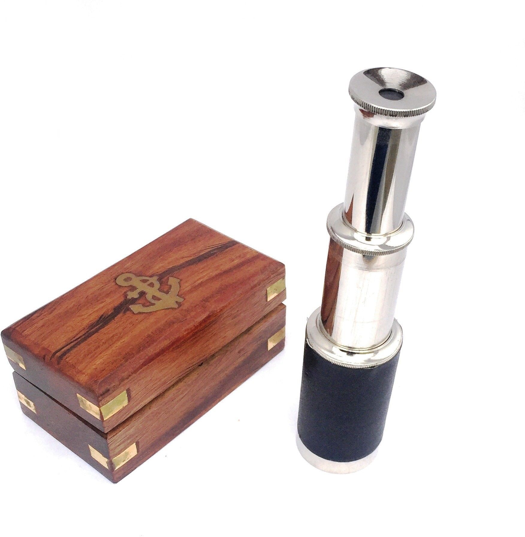 Shoptreed 6" Handheld Vintage Brass Telescope Nickel Plated with Wood Box Refracting Telescope