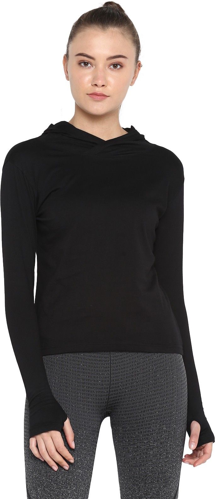 Women Solid Hooded Neck Pure Cotton Black T-Shirt-image-20