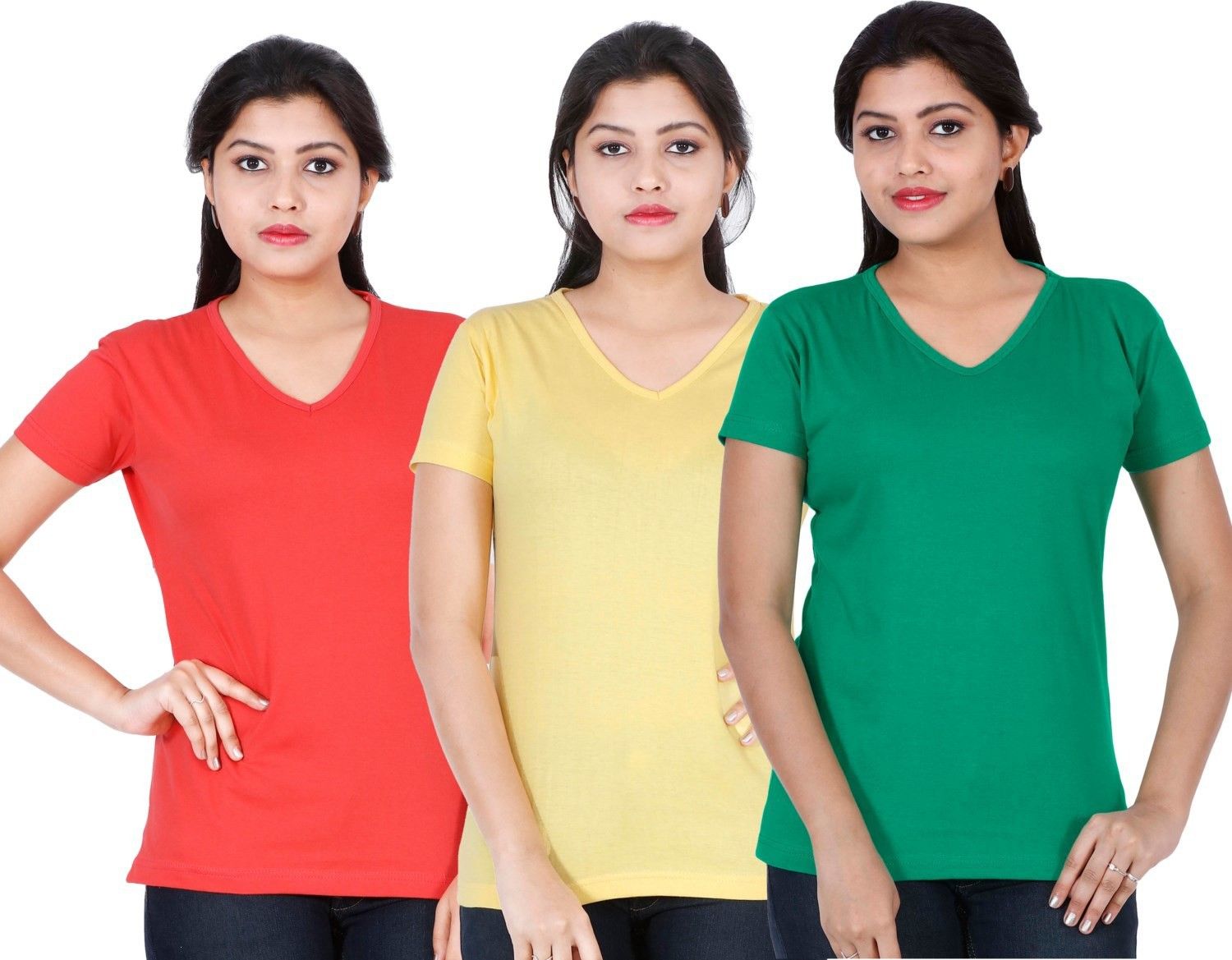 fleximaa Pack of 3 Women Solid V Neck Cotton Blend Multicolor T-Shirt-picture-18