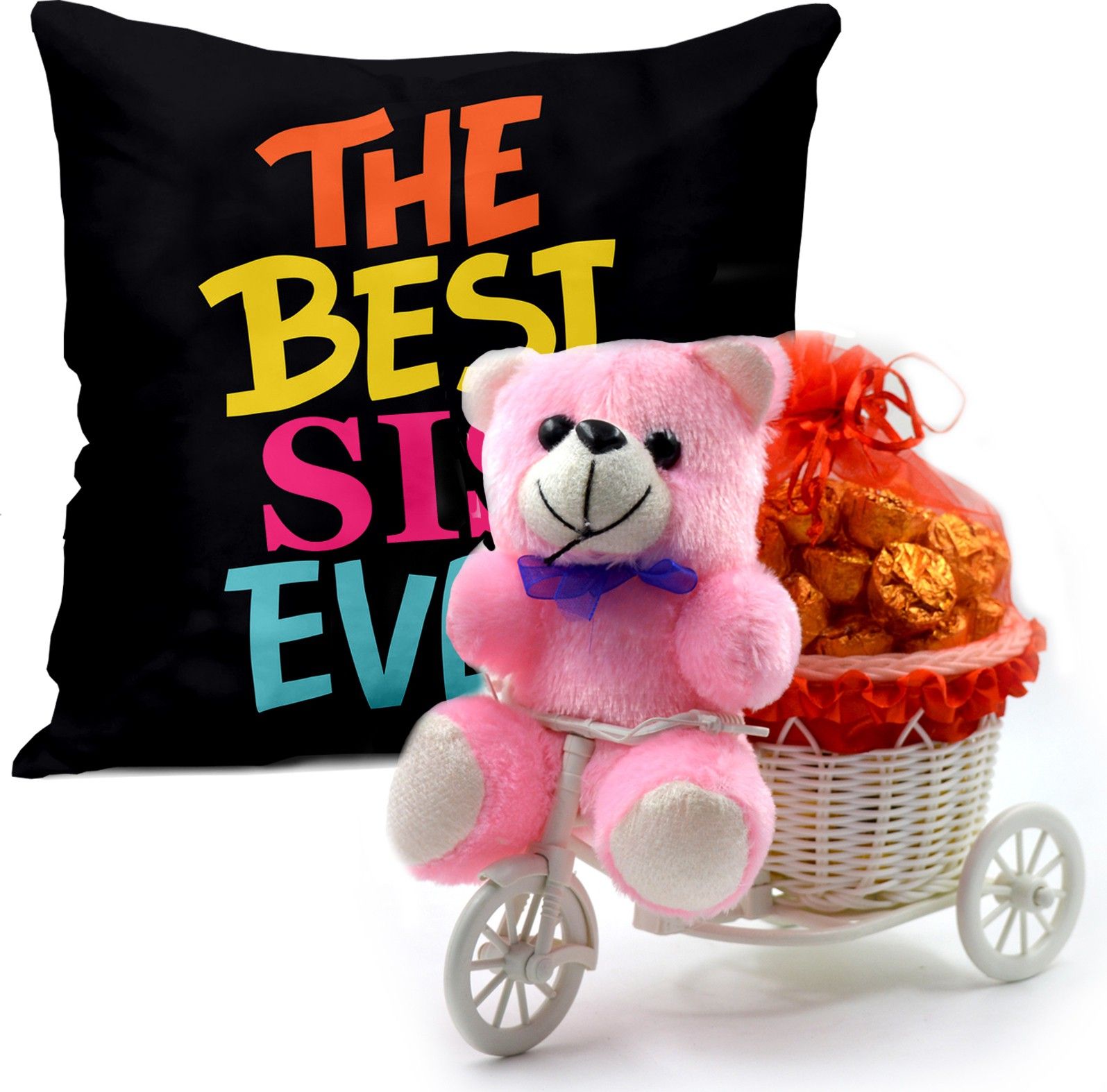 Rakhi Return Gifts for Sister with Chocolate/Cycle Basket/Pink Teddy/Cushion IZ19CyChoco20TPCU16-DTSister-50 Plastic, Silk Gift Box-image-23