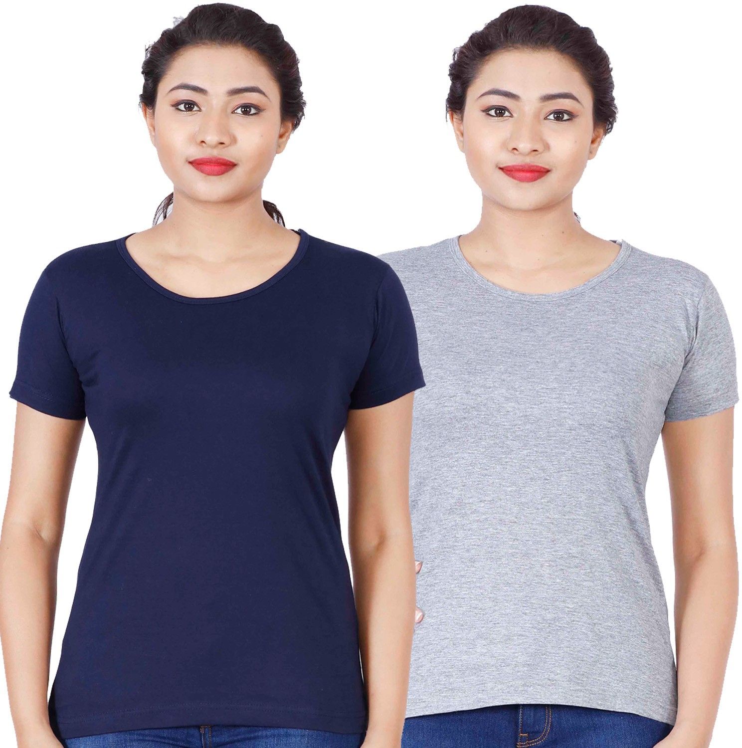 Pack of 2 Women Solid Round Neck Pure Cotton Dark Blue, Grey T-Shirt-image-7