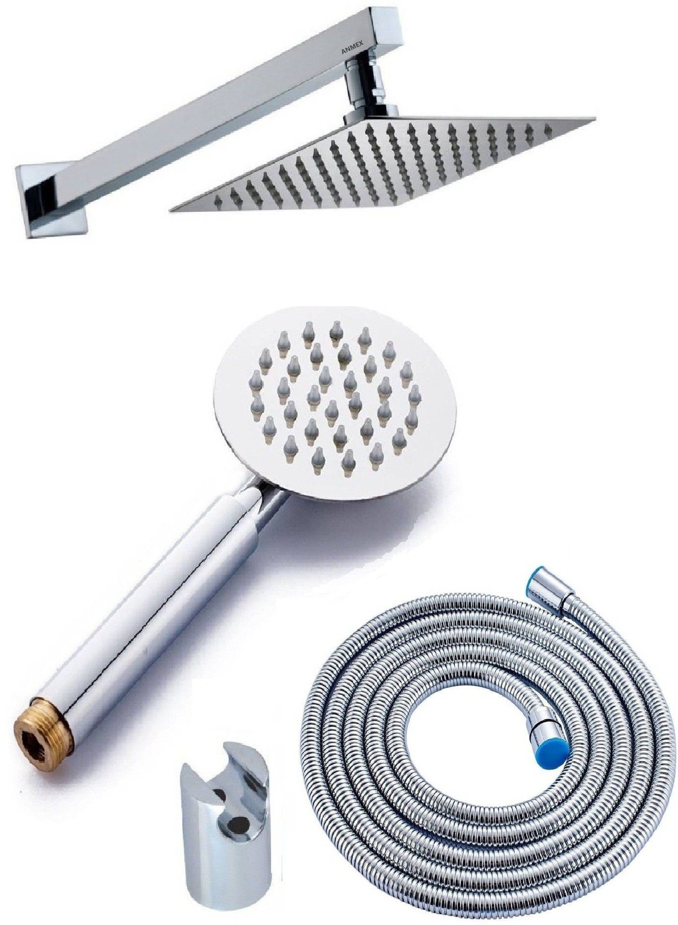 ANMEX 8X8 (8inch) Ultra Slim Rain Shower Head with 15inch Arm 	PLUS (9" Long) UltraSlim Round Rain Handheld Shower with 1.5mtr SS Shower Tube and Wall Hook-image-44