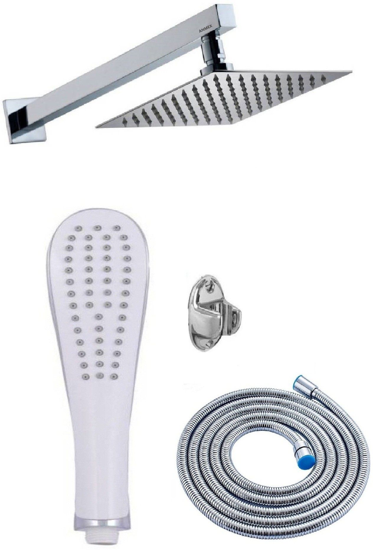 ANMEX 8X8 (8inch) Ultra Slim Rain Shower Head with 15inch Arm 	Plus Chrome Finish FISH Hand Rain Shower with 1.5mtr SS Tube and Wall Hook-image-5