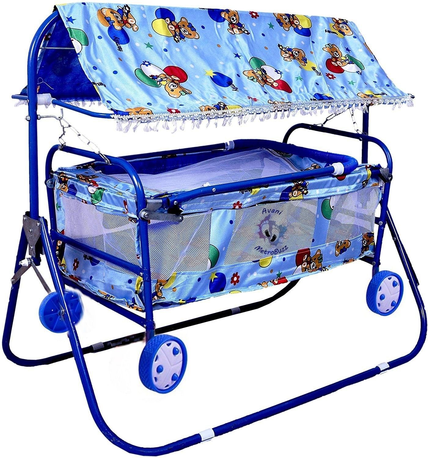 Baby Blue Cotting Cradle Cot Cum Stroller Blue Bassinet-image-48