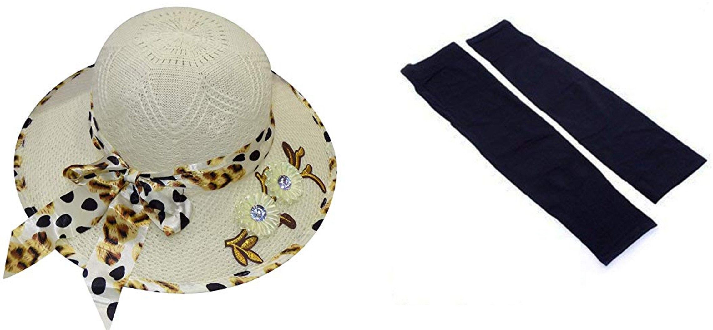 FULLY Combo of 2 Bow Knot Hat with Fingerless Arm Sleeves for Girls and Women Uv Rays Protection and Cute Summer Hat for Parties-image-5
