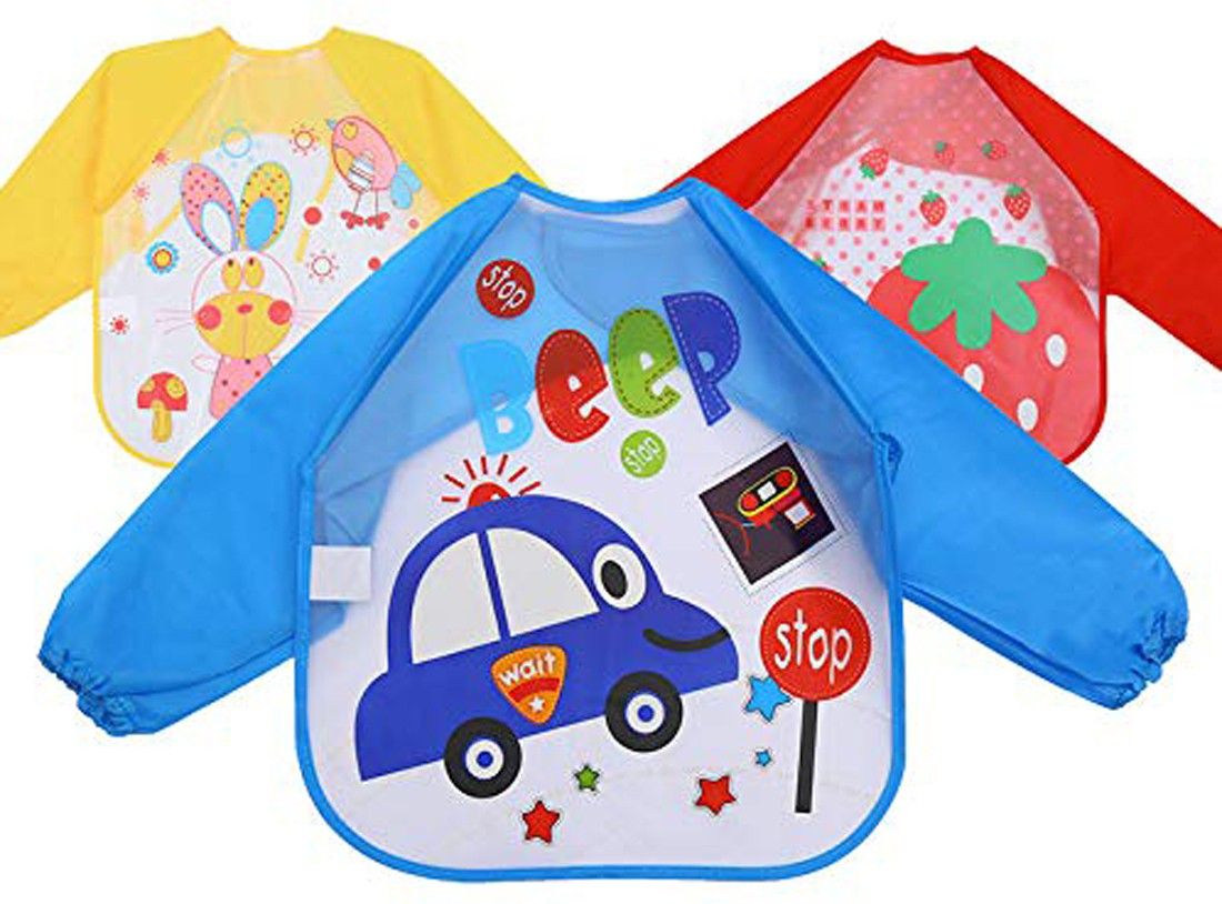 fok 3 Pc Full Sleeves Washable Waterproof Feeding Bib for Babies and Kids (Multicolor)-picture-0