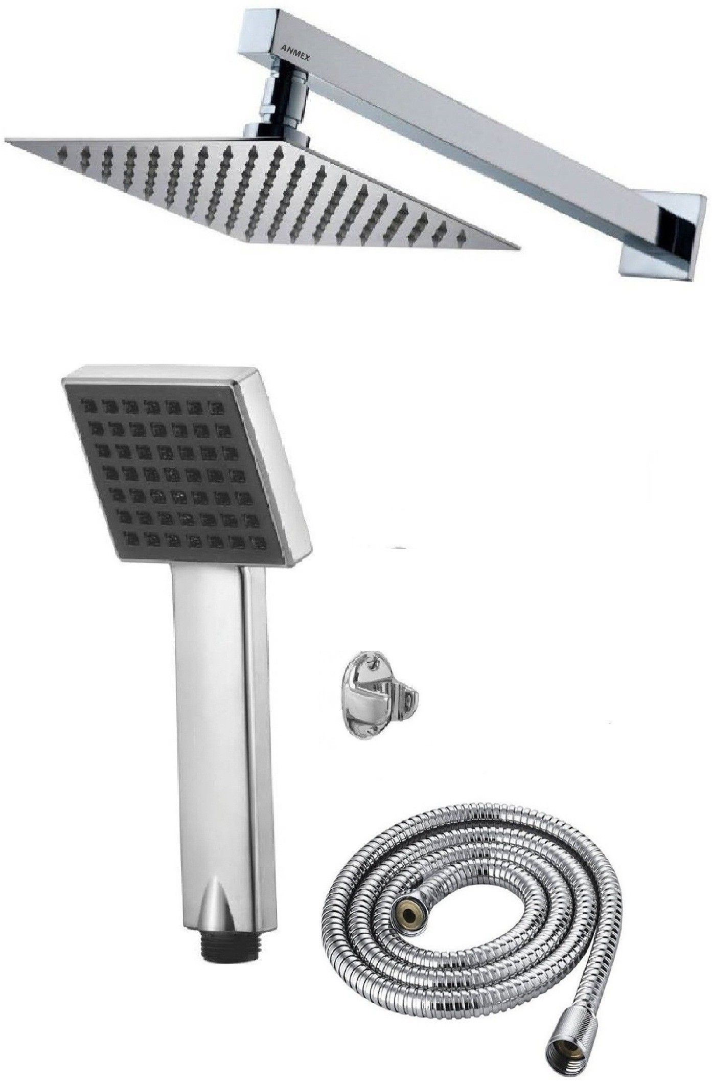 ANMEX 10x10 (10inch) Ultra Slim Rain Shower Head with 24inch Arm 	Plus TeleBlack Rain Spray Hand Shower with 1.5mtr SS Shower Tube and Wall Hook-picture-29