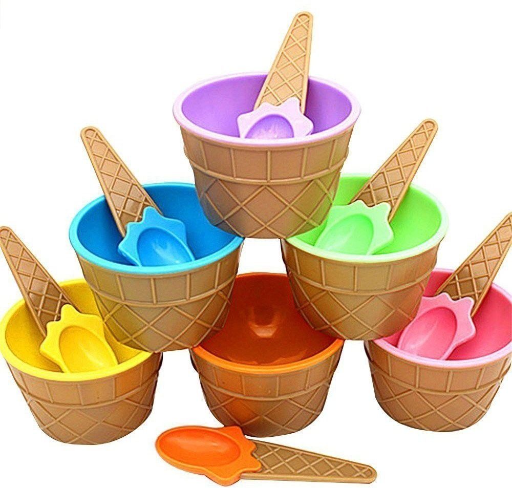 twinflo Free Plastic 6 Ice Cream Cone Shape Bowl with 6 Spoons - Plastic-picture-17