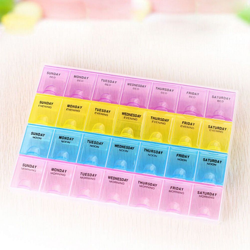28 Days Pill Case- 4 Row 28 Squares Weekly 7 Days Tablet Box Holder Medicine Storage Organizer Container Pill Box