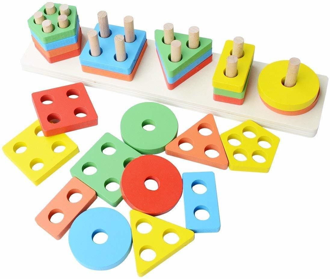 poksi Wooden Angle Geometric Blocks Stacker Shape Sorter Column Puzzle Stacking Set for Kids-picture-23