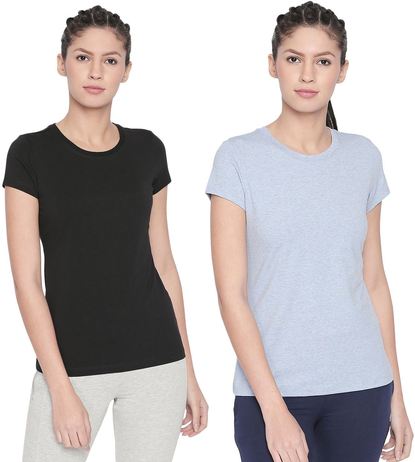 bodyactive Pack of 2 Women Solid Round Neck Cotton Blend Black, Grey T-Shirt-picture-14