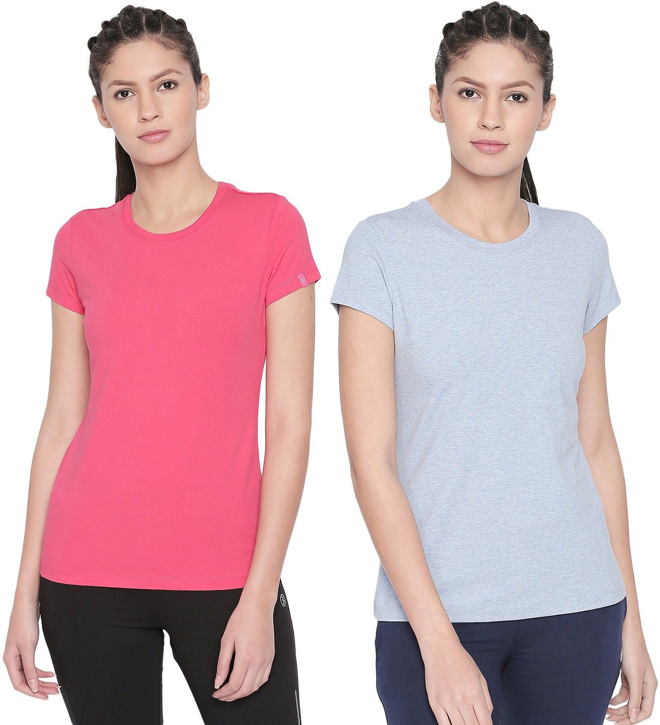 bodyactive Pack of 2 Women Solid Round Neck Cotton Blend Pink, Grey T-Shirt-picture-16