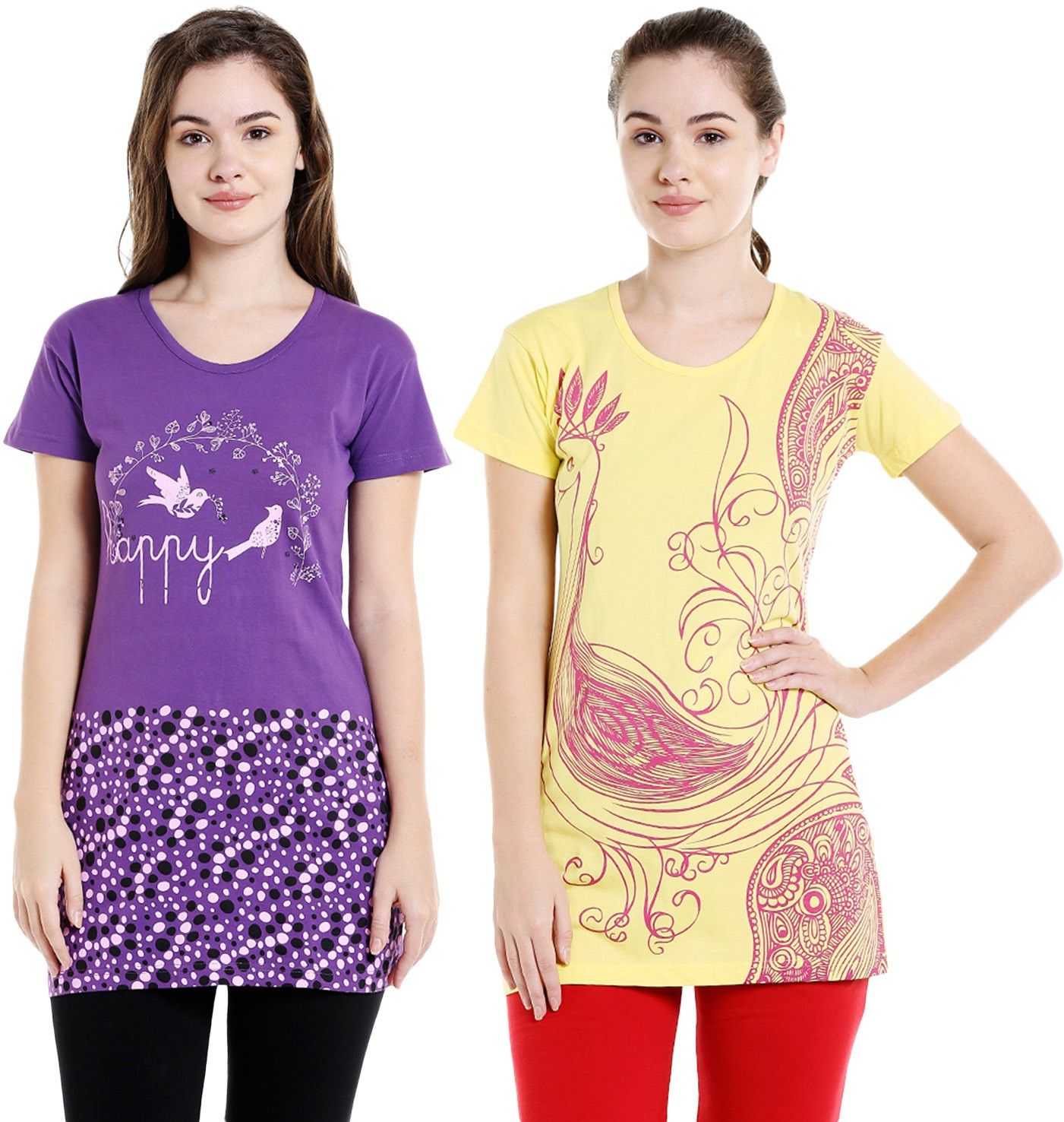 Pack of 2 Women Printed Round Neck Cotton Blend Purple, Yellow T-Shirt-image-43