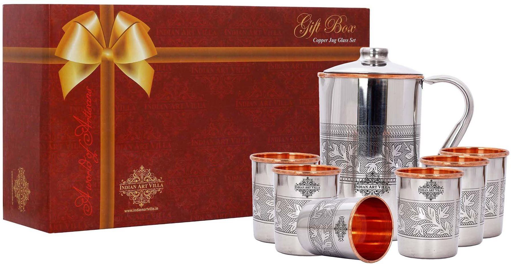 indianartvilla Gift Set of Steel Copper Embossed Design Jug & 6 Glass Jug Glass Set-picture-34