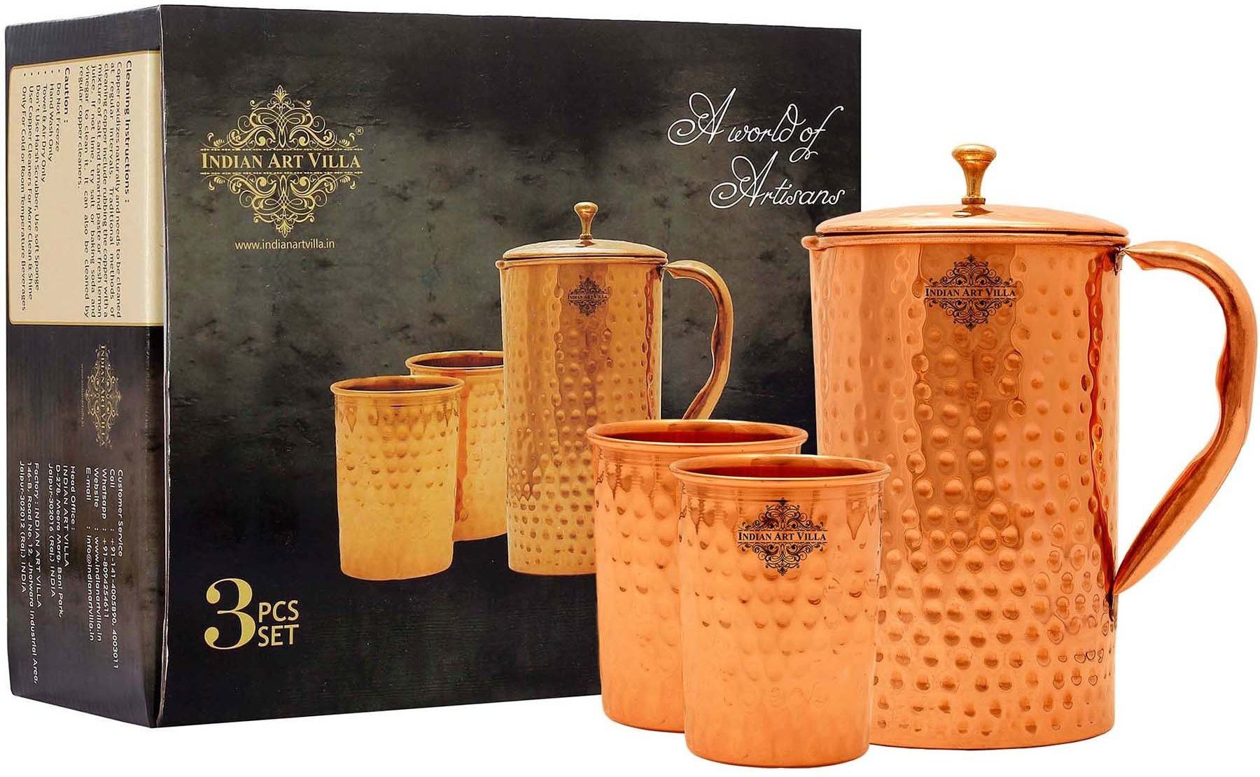 indianartvilla Hammered Design Jug With 2 Glass With Pitambari,Drinkware Jug Glass Set-picture-27