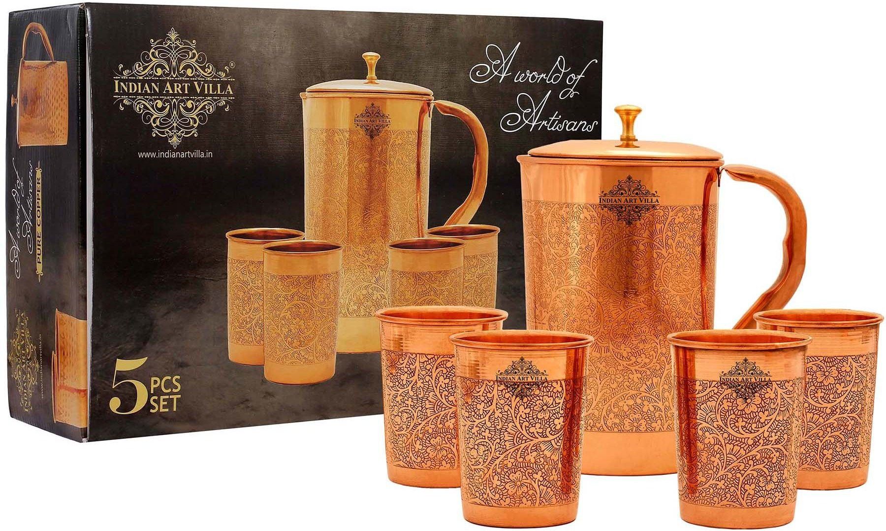 Embossed Design Jug With 4 Glass With Pitambari,Drinkware Jug Glass Set-image-2