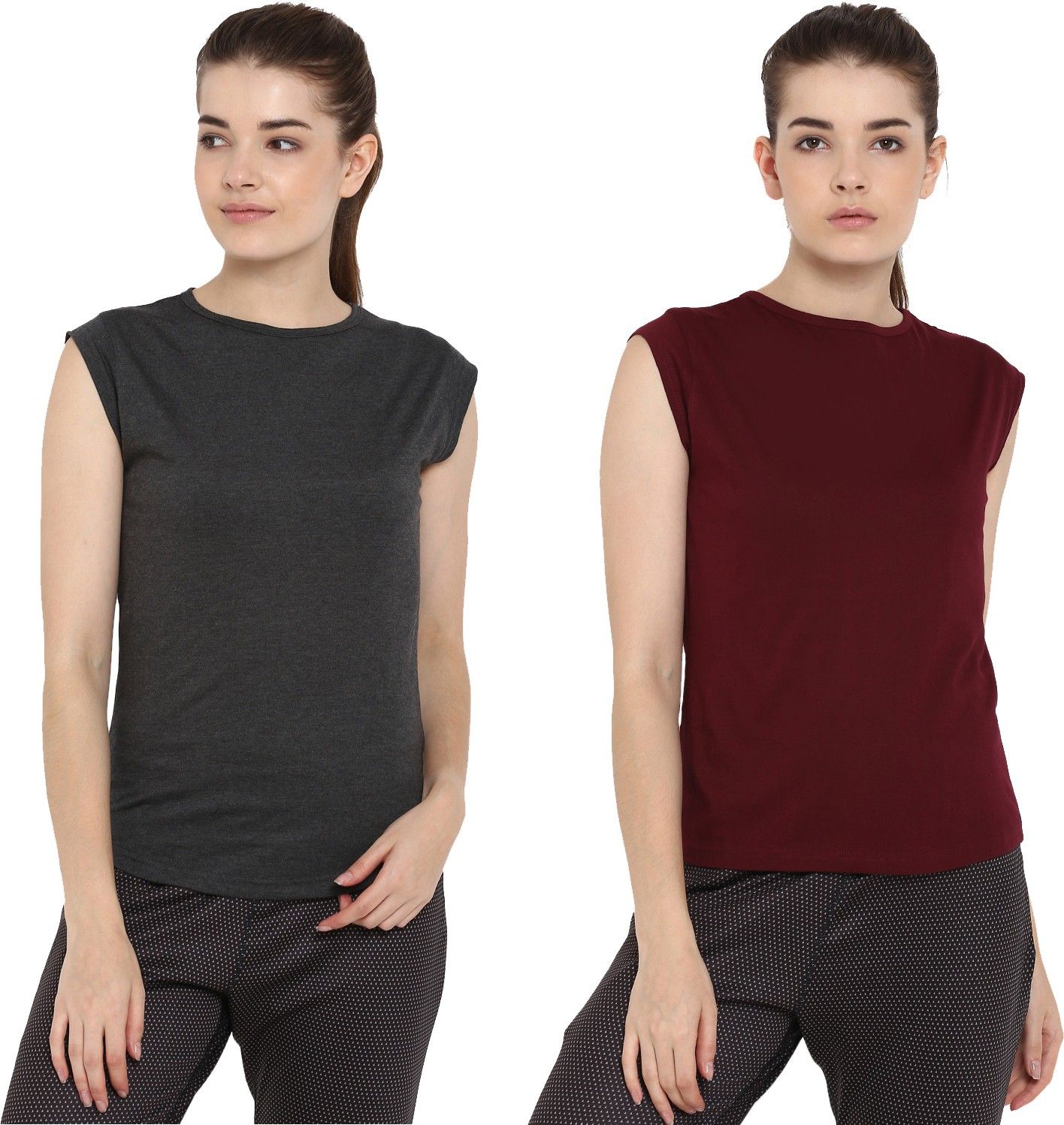 Pack of 2 Women Solid Round Neck Pure Cotton Maroon, Grey T-Shirt-image-33