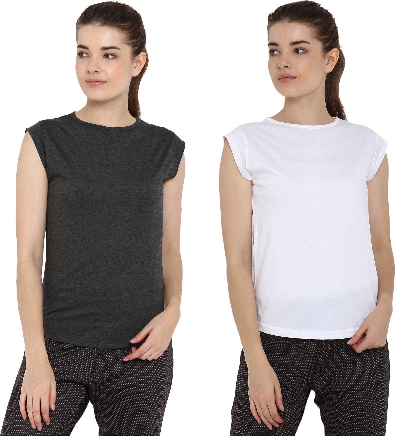 ap'pulse Pack of 2 Women Solid Round Neck Pure Cotton White, Grey T-Shirt-picture-41